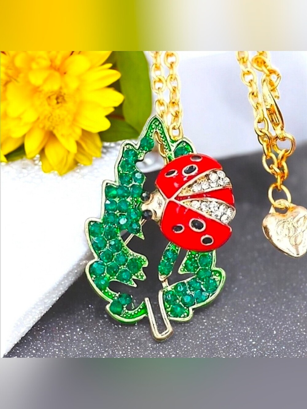 18K gold plated green black white crystal ladybug leaf necklace/broach